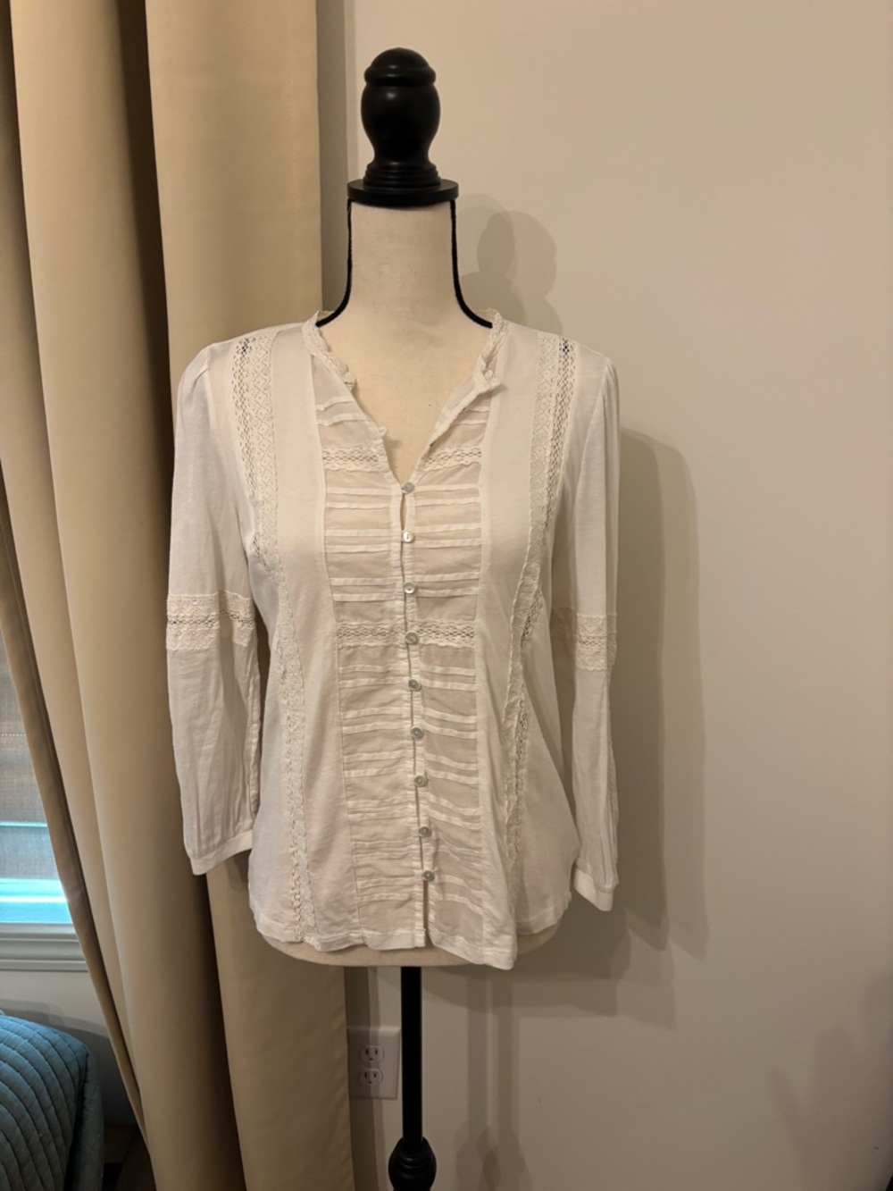 Lucky Brand Ivory Lace-Trim Button Front Blouse
